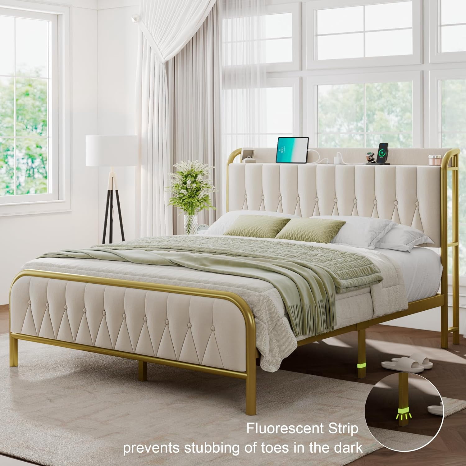 Feonase Velvet Queen Bed Frame with Type-C & USB Port, Metal Platform Beds, with Upholstered Headboard & Footboard, 12" Underbed Storage Space, Easy Assembly, Noise-Free, Gold&Beige