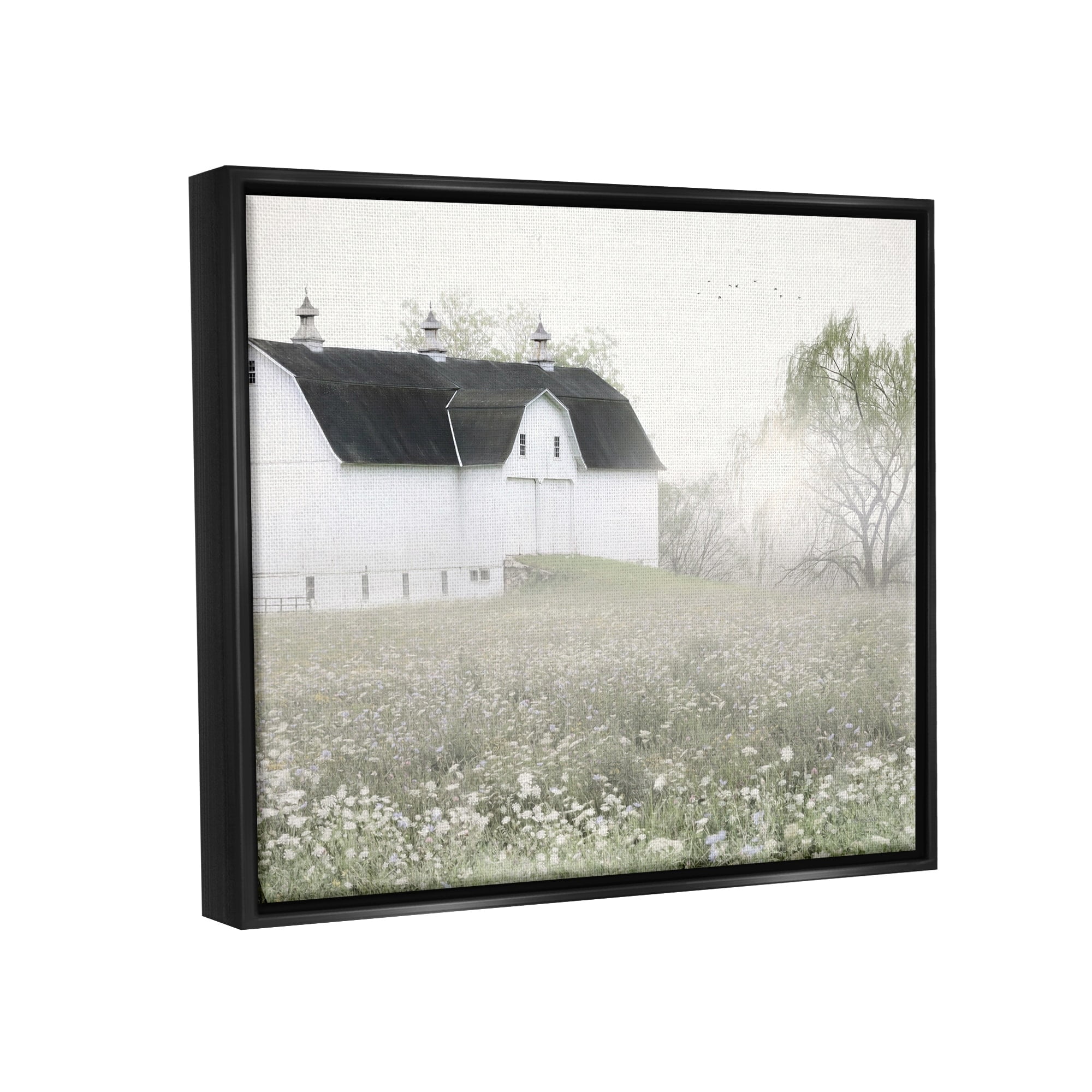 Stupell Industries Peaceful White Barn Countryside Meadow Blooming Buds Graphic Art Luster Gray Floating Framed Canvas Print Wall Art, Design by Lori Deiter