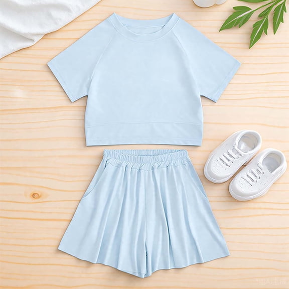 Girls Outfit Solid Color Short Sleeve Crew Neck Top With Elastic Waist Shorts 2 Pcs Girls' Clothing Sets Blue Size 4-5 Y