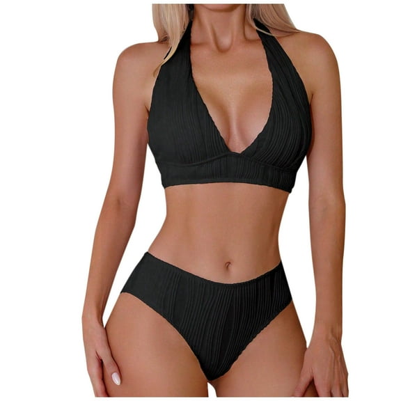 Efsteb Bikinis Sets for Women Fashion Halter Spaghetti Strap Backless Bikini Sets Two Piece Swim Suit Solid Color Bathing Suits Swimwear (Black,L)