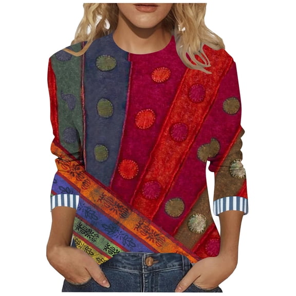 CLOISE Womens Plus Size Blouses 3/4 Sleeve T Shirts Loose Print V Neck Pullover Trendy Fall Tops Red 3XL