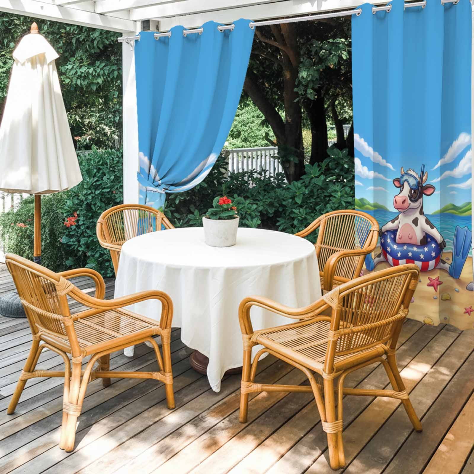 Snorkeling Cow Outdoor Curtains for Patio, Summer Beach Ocean Patriotic Swimming Ring Sunshade Privacy Drapes Grommet Waterproof Outside Curtains for Porch/Cabana/Balcony 54"x 108", 1 Panel