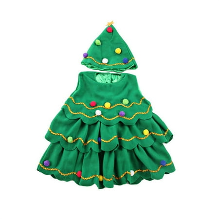 Gureui Kid Christmas Tree Costume Sleeveless Dress + Hat Funny Xmas Outfit with Fur Ball Decoration Festival Clothing