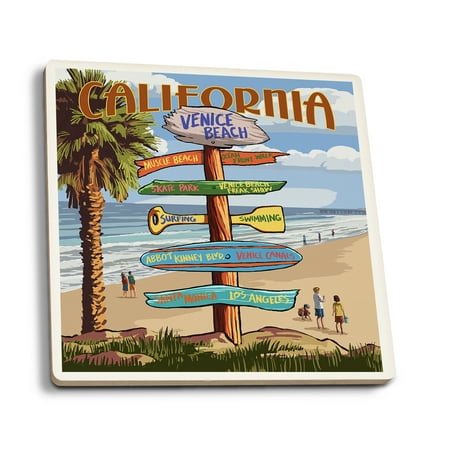 

Venice Beach California Destinations Sign (Absorbent Ceramic Coasters Set of 4 Matching Images Cork Back Kitchen Table Decor)