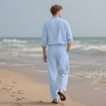 thumbnail image 5 of UVEASISHA Mens Linen Pants Sets Vacation Beach Outfits 2 Piece Summer Long Sleeve Button Down Shirt and Loose Slacks Matching Set with Pockets Light Blue XXL, 5 of 9