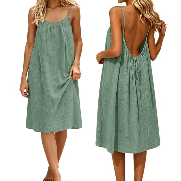 BOOMNY Women's Backless Cami Dress Spaghetti Strap Lounge House Midi Linen Dresses Flowy Beach Summer Maxi Sundress