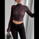 thumbnail image 5 of Camiseta de Larga con Estampado Floral Transparente Y2K, Cuello Redondo, Mangas Acampanadas y para Mujer Negro XXL, 5 of 10