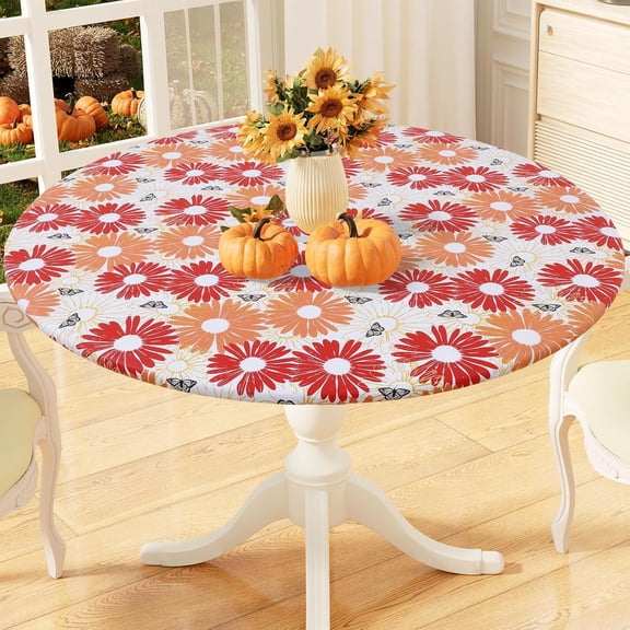 Round Fitted Tablecloth with Elastic Edge, 100% Waterproof Oil Proof Plastic Table Cover, Vinyl Flannel Backed Tablecloth Fits 36"-44" Round Tables for Dinner, Outdoor, Picnic, Red Daisy