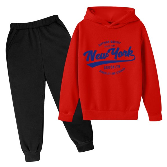 Mrzhqd Outfit Set For Boys Girls Size 7-8 Years Red Tops With Pants Hooded Collar Long Sleeve Letter Print Pullover Fashion Outfits Set Casual Fall Winter 2Pcs Clothing Set
