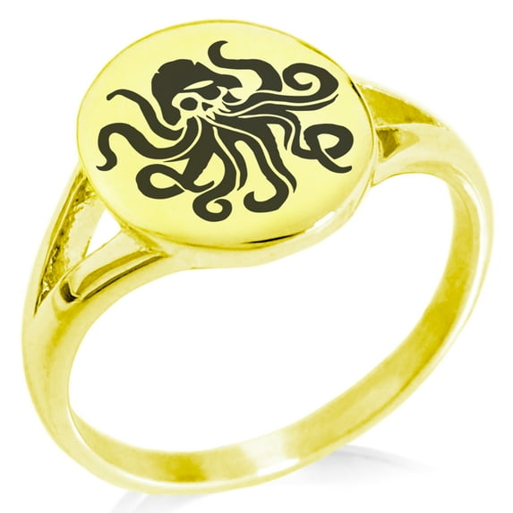 Stainless Steel Kraken Octopus Pirate Skull Minimalist Oval Top Polished Statement Signet Ring