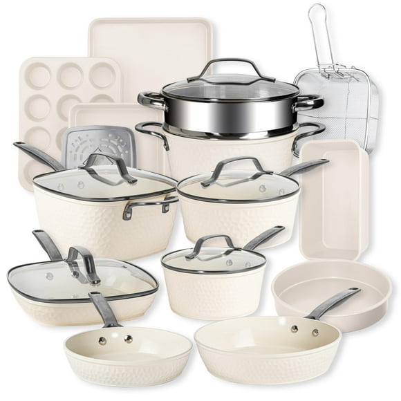 Gotham Steel Hammered Collection - Juego de ollas y sartenes de 20 piezas Juego de utensilios de cocina de cerámica antiadherente + Juego de utensilios para hornear para cocina, utensilios de cocina d