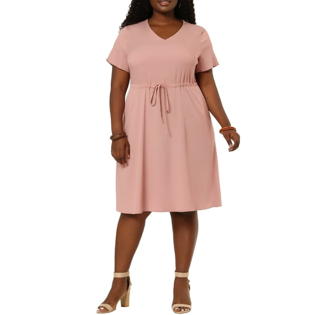 GRACE & GRANDEUR Women's Plus Size Drawstring Chambray Denim Midi Fall Shirtdress