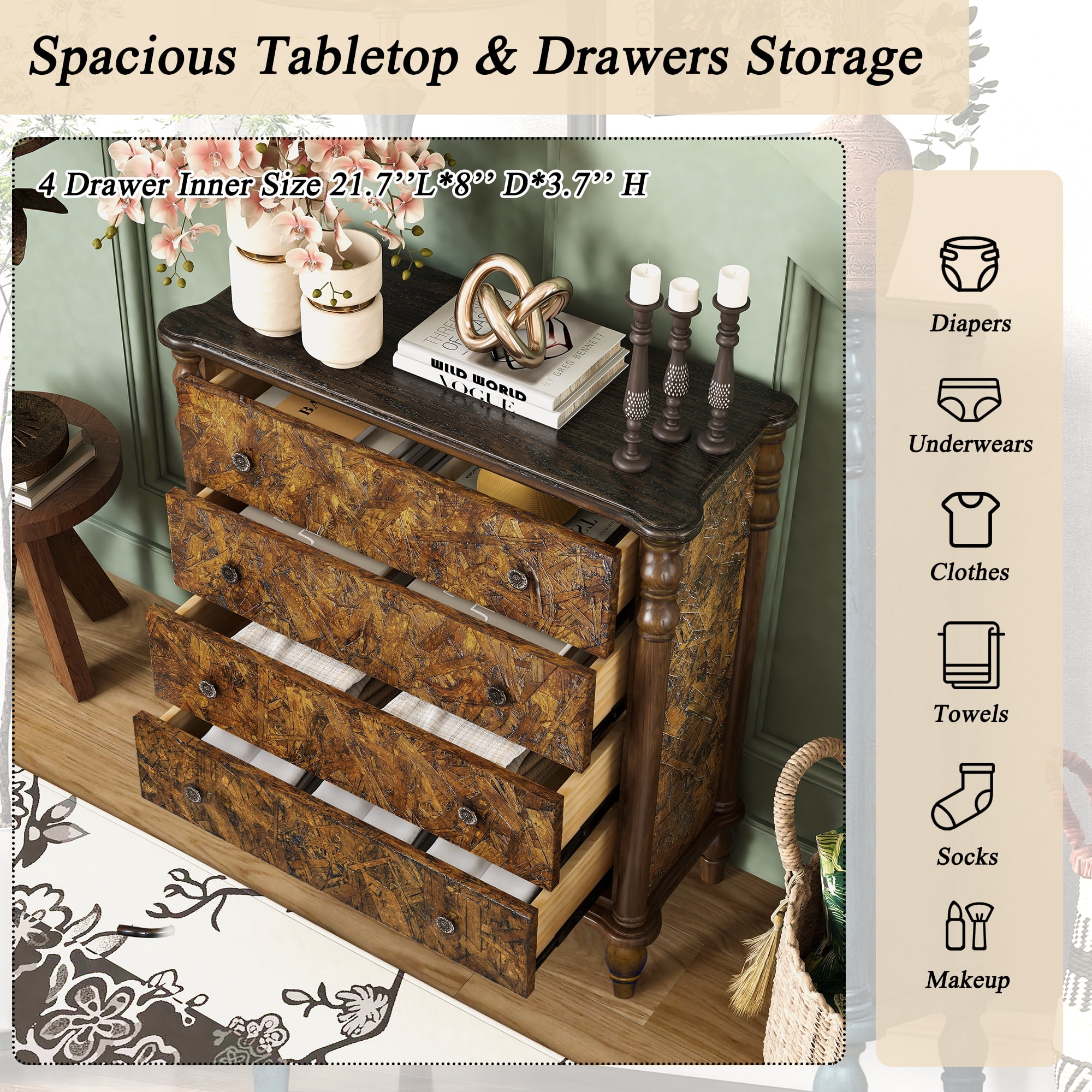 Aukfa 4 Drawer Dresser, 32" Chest of Drawers Bedroom Storage Cabinet for Small Spaces,Walnut