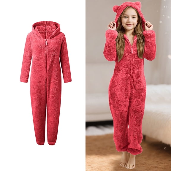 Girls Pajamas Bear Hooded Onesie Red Pajamas for Girls Warm Zipper Kids Onesie Sleepsuits Girls Christmas Pajamas 5-6 Years