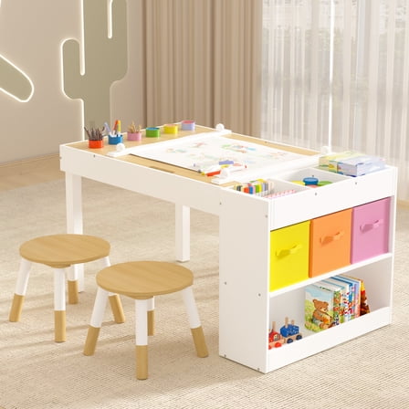 Reasea Kids Art Table with 2 Chairs - Wooden Toddler Activity Desk Set Includes Baseplates, Paper Roll & Storage | 39" x 23" Craft Table for Drawing, Building & Learning