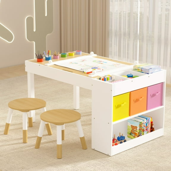 Reasea Kids Art Table with 2 Chairs - Wooden Toddler Activity Desk Set Includes Baseplates, Paper Roll & Storage | 39" x 23" Craft Table for Drawing, Building & Learning