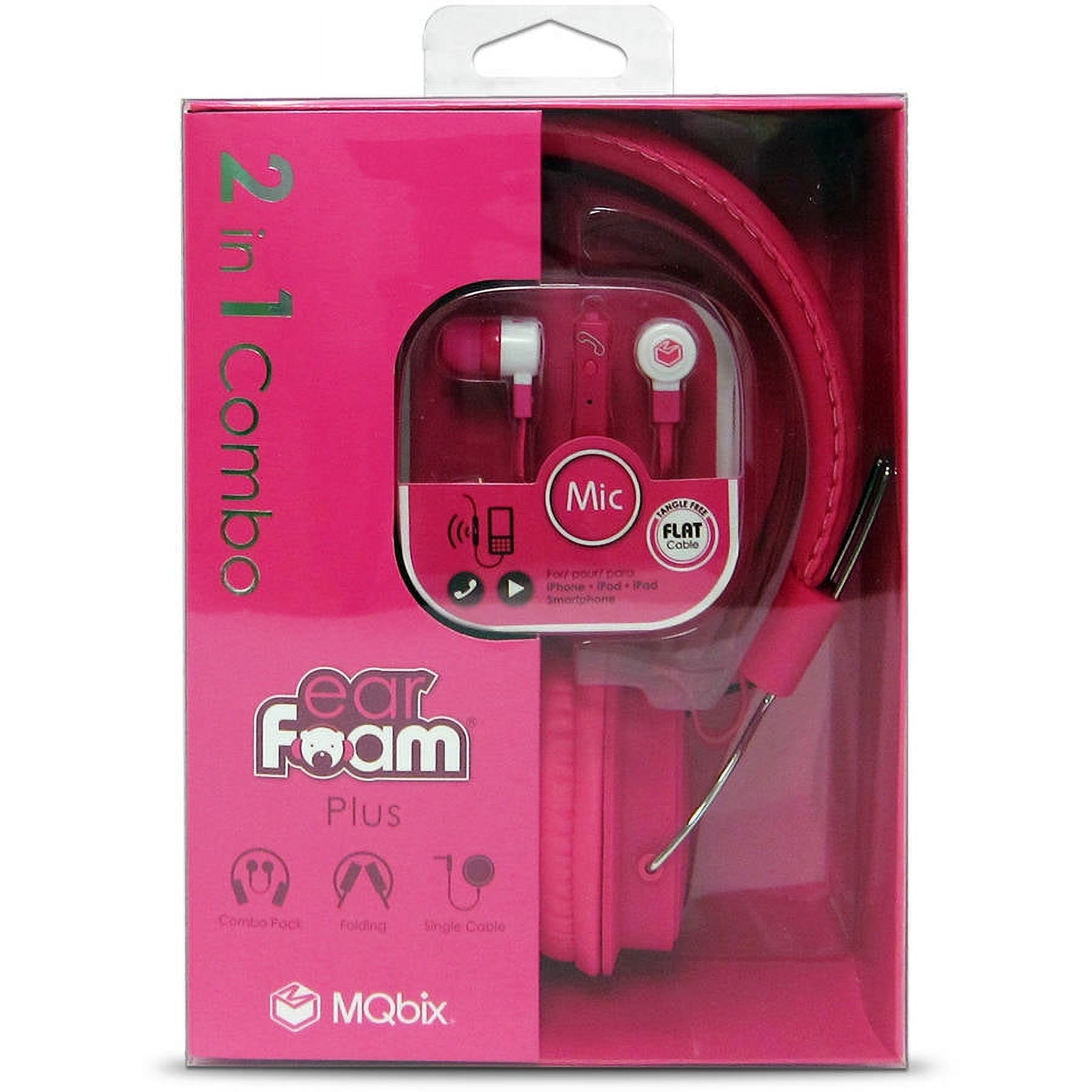 MQbix MQHT470PK 2-In-1 Combo Pack EarFoam Plus High-Performance In-Ear Earphones with Built-In Microphone and Deep Bass Stereo Headphones - Pink