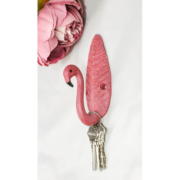 Pack Of 2 Cast Iron Tropical Bird of Paradise Pink Flamingo Wall Hook Plaque