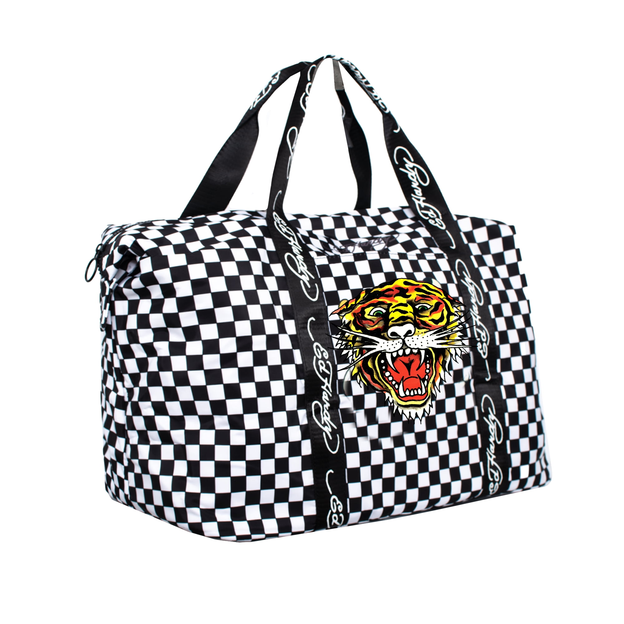 Ed Hardy Unisex Black Checkerboard Tiger Tatoo Print Nylon Duffle Bag With Adjustable Shoulder Strap