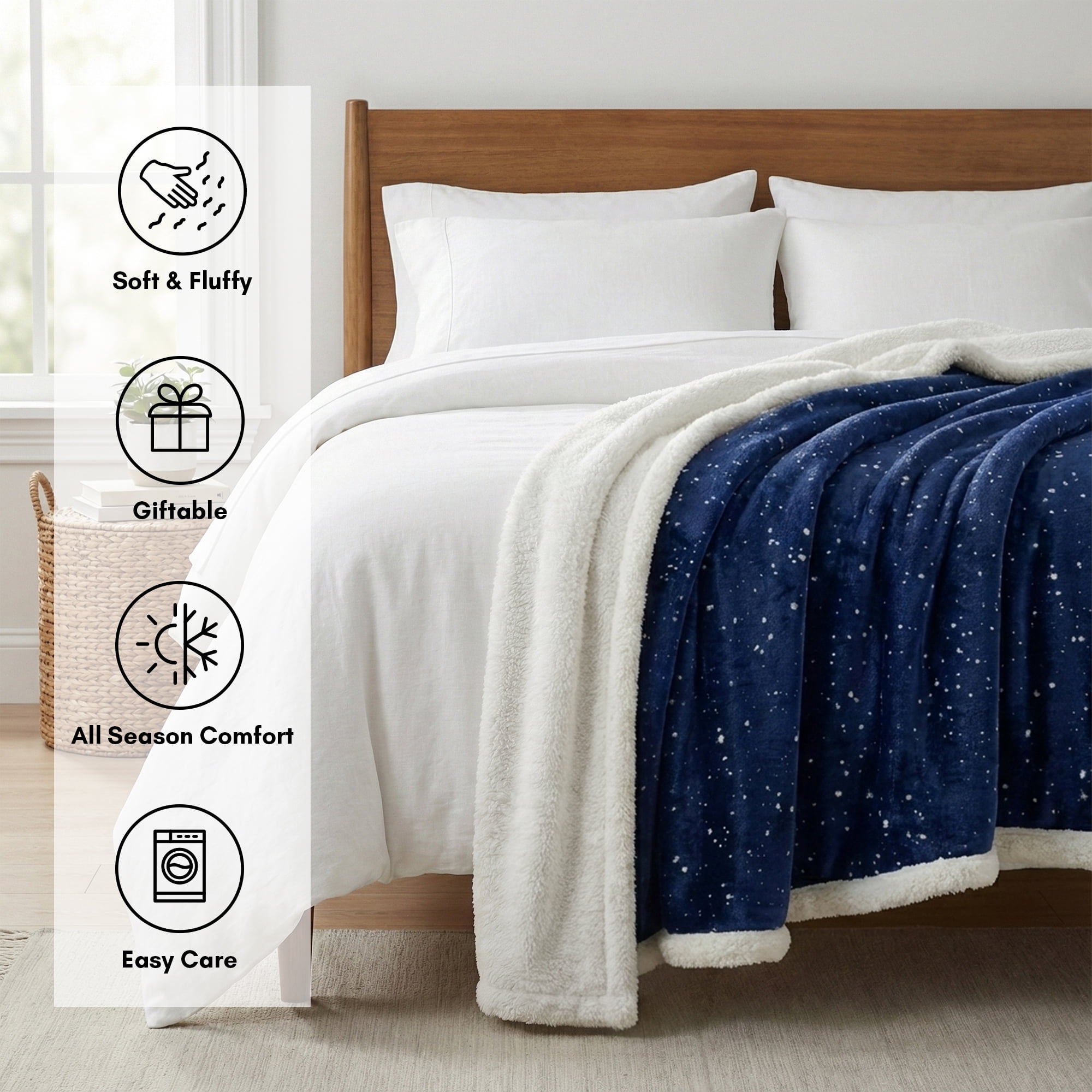 Americanflat 50x60 Printed Fleece and Reverse Sherpa Throw Blanket - Speckle Pattern - Reversible Design - Cozy Comfort for Couch or Bed - Dark Blue