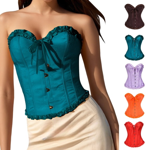 COMVALUE Women Renaissance Floral Lace up Boned Overbust Corset Bustier Shapewear Corsets (Dark Blue, M)