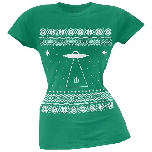 Alien Beam Ugly Christmas Sweater Green Juniors T-Shirt - Small
