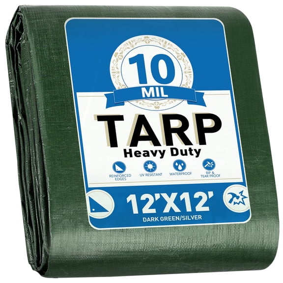 Heavy Duty Tarp 12 x 12 ft, Waterproof Tarps with Grommets Every 19.7", 10 Mil Thick Protective Tarps Cover, Large Multi-Purpose Tarps for Home,Boats,Cars,Camping,Protective Cover, (Green&Silver)