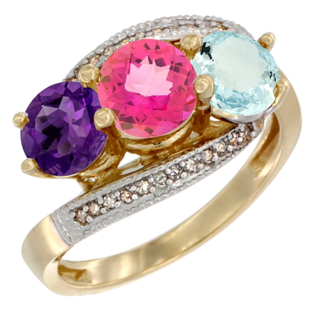 10K Yellow Gold Natural Amethyst, Pink Topaz & Aquamarine 3 stone Ring Round 6mm Diamond Accent, sizes 5 10 by WorldJewels