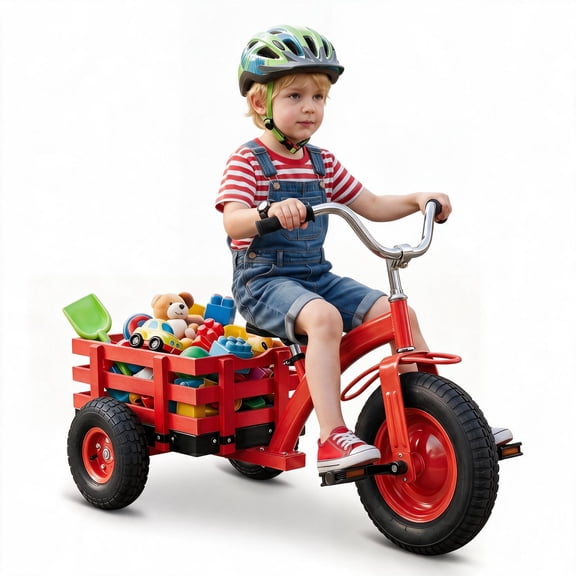 MULTIGOT Kids Tricycle w/Storage Basket 15" Inflatable Rubber Tires Adjustable Handlebar Red