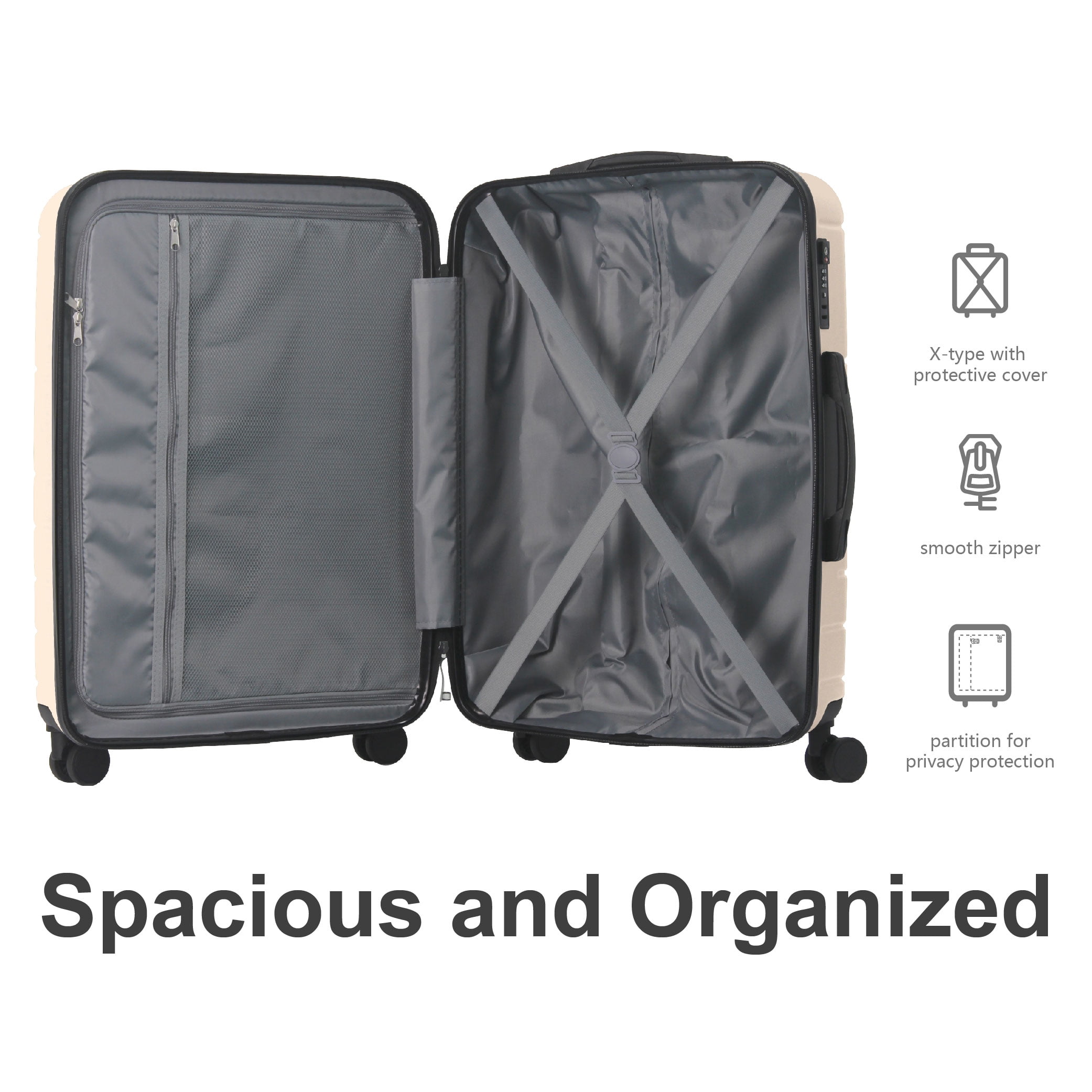 MAYEERTY 3-Piece ABS Luggage Set, Spinner Wheels, TSA Lock, Lightweight Suitcase, Beige