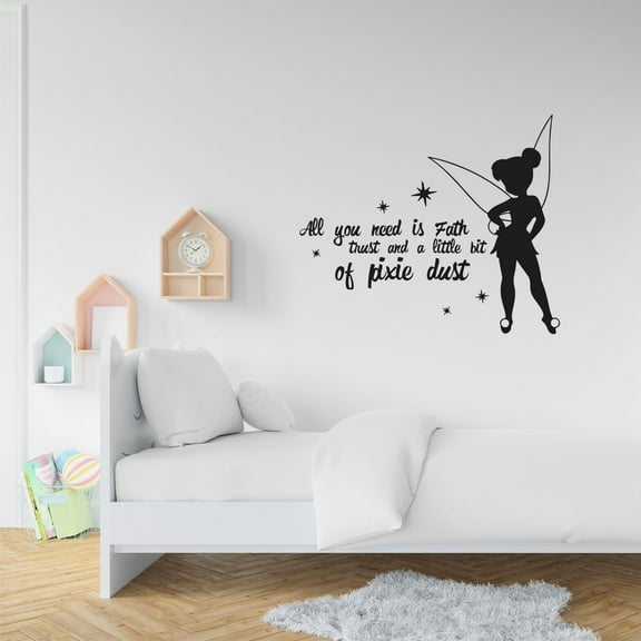 All You Need Is Faith, Trust, And A Little Bit Of Pixie Dust Cute Tinkerbell Silhouette Quote Vinyl Wall Art Wall Decal Wall Sticker Home Decoration Design Kids Girls Room Wall Décor Size (40x40 inch)
