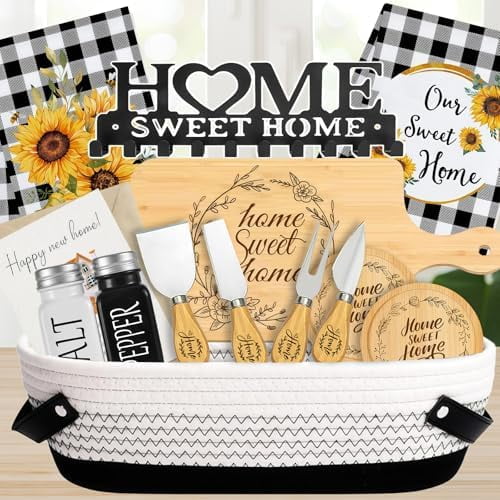 14 Pcs Housewarming Gift New Home Gift Baskets with Key Holder, Dish Towels, Cheese Knife Set, Seasoning Bottles, Coasters and More for Couples, Women, Men, Clients, Closing Gift for Home Buyers