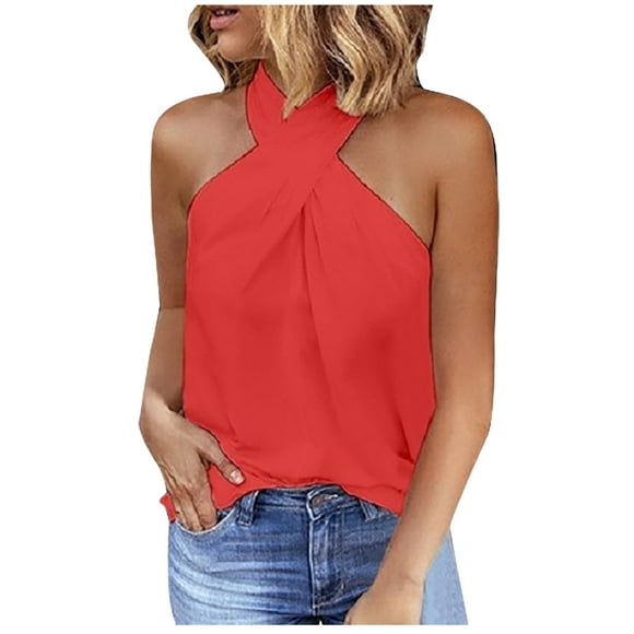 iOPQO Women's T-Shirts oversized t shirts for women Women's Casual Slim Zipper Hanging Neck Solid Color Sleeveless Stitching Top Red M