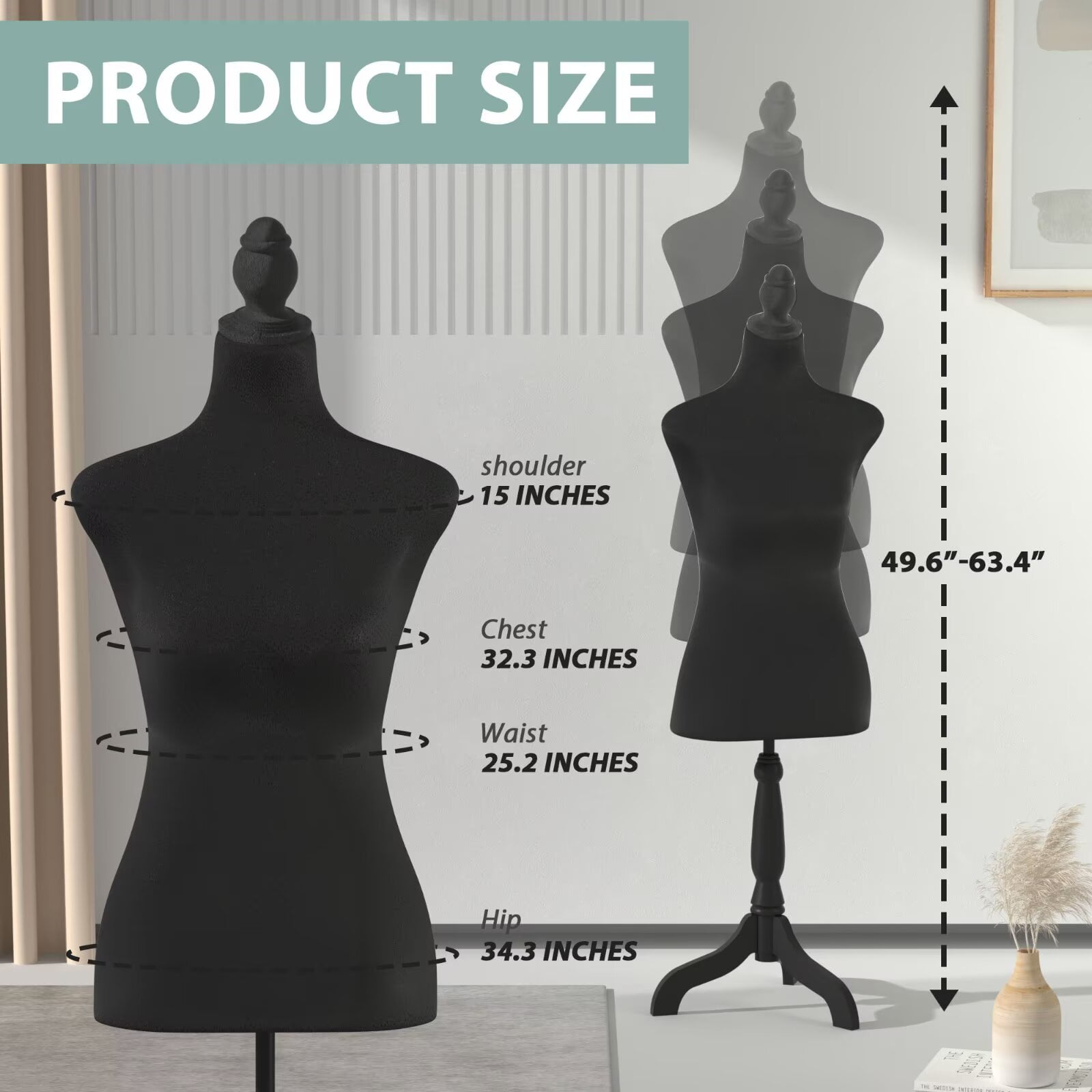 YRLLENSDAN 49.6-63.4 Inch Height Adjustable Sewing Mannequin Body for Clothing Dress Jewelry Display, Half Female Dress Forms with Wooden Tripod Stand for Sewing, Black