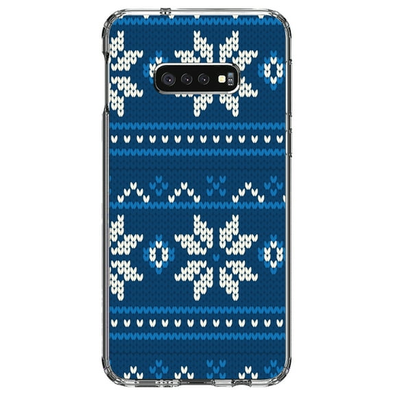 DistinctInk Clear Shockproof Hybrid Case for Samsung Galaxy S10e (5.8" Screen) - TPU Bumper, Acrylic Back, Tempered Glass Screen Protector - Blue White Ugly Hannukah Sweater