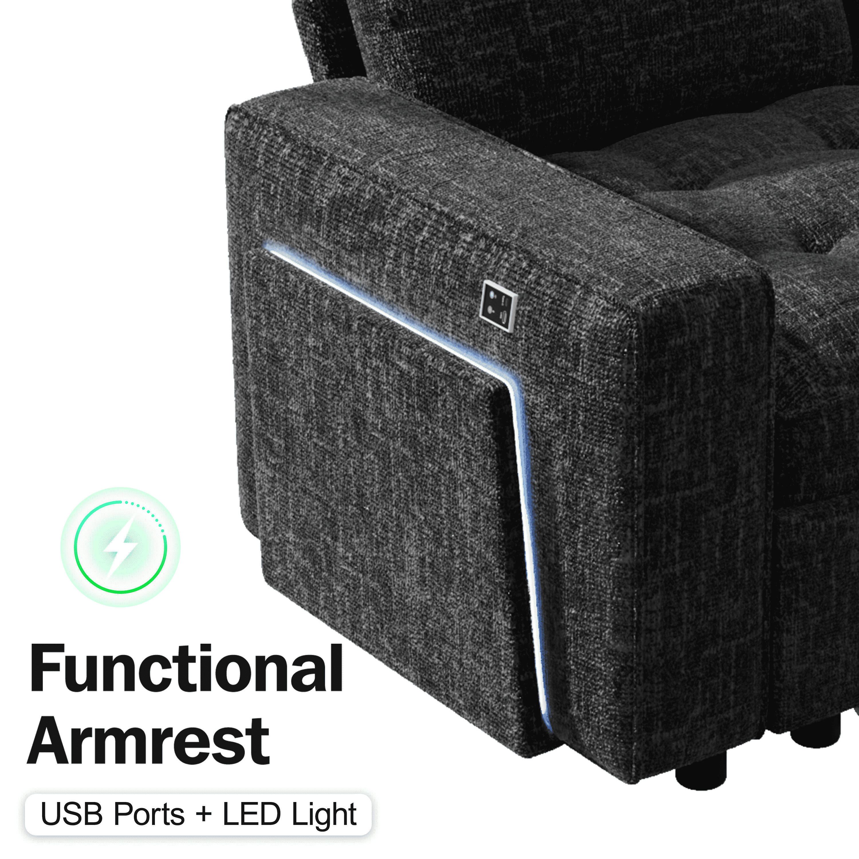 8-Seat Large U Shaped Modular Sectional | Pull Out Bed Sleeper Sofa Dark Black/ Reclining Backrest, USB Ports, LED Light & Storage Seat - Tool-Free Assembly