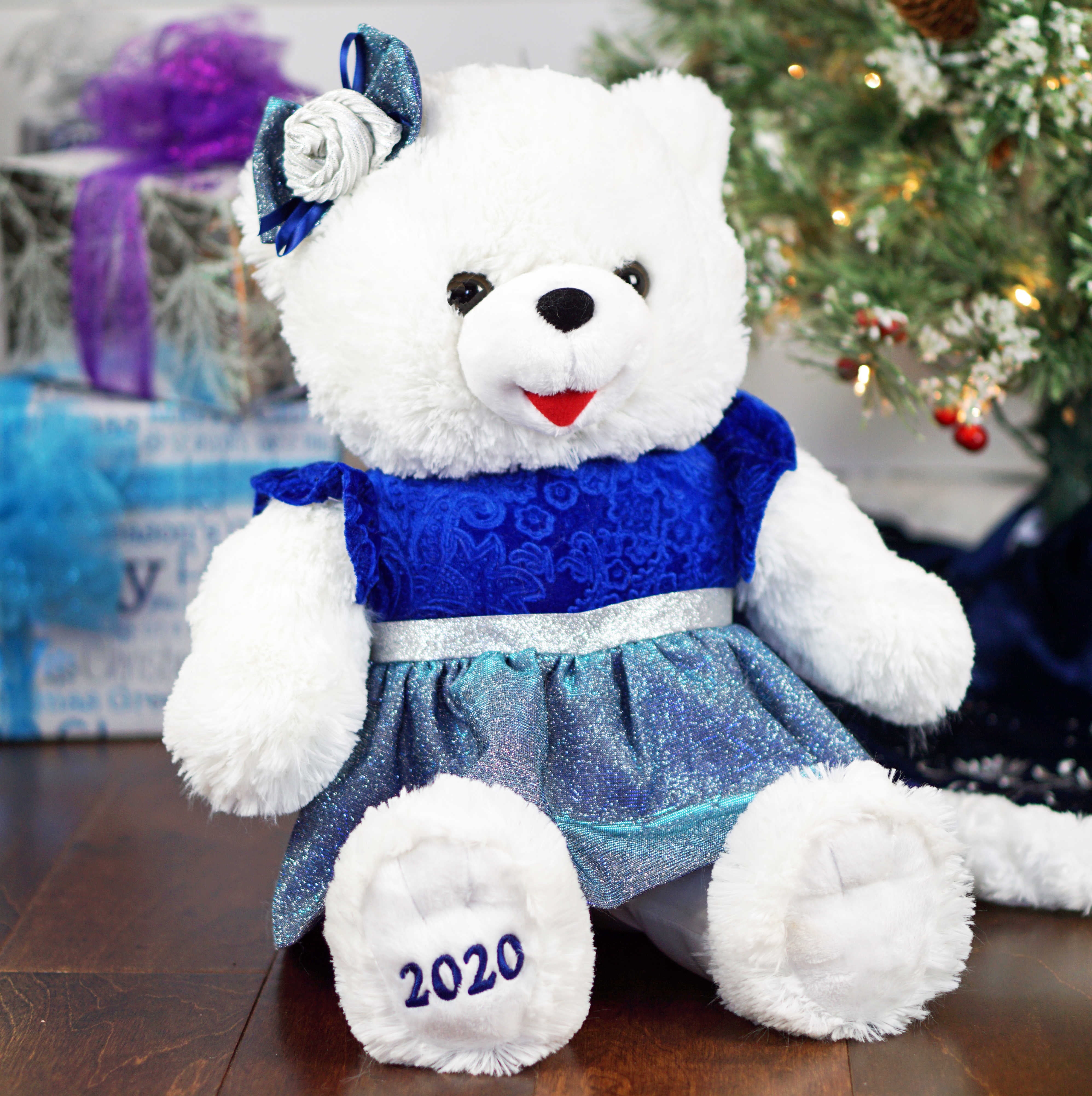 2020 Christmas White with Blue Girl Plush Stuffed Teddy Bear by Holiday Time 10" 