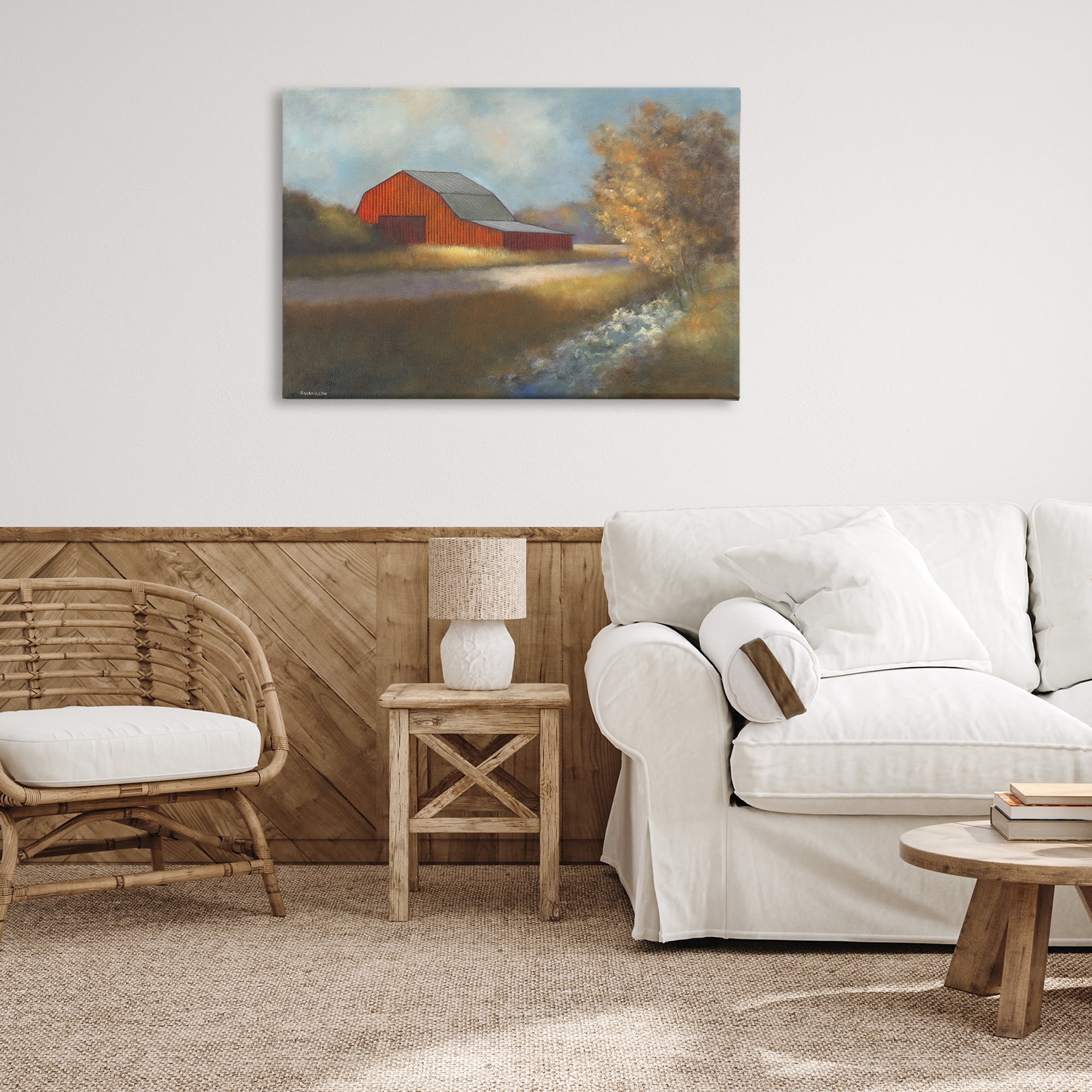 Stupell Industries Traditional Red Barn Landscape Painting Gallery Wrapped Canvas Art Print Wall Art, 36 x 24