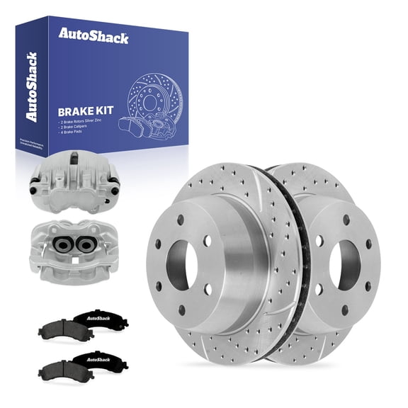 AutoShack Rear Vented Drilled & Slotted Silver Zinc Coated Brake Rotors   Premium Ceramic Pads   Calipers 8-PC Brake Kit Replacement for 2000-2006 GMC Yukon SilverShield Pro 12.99" (330 mm)