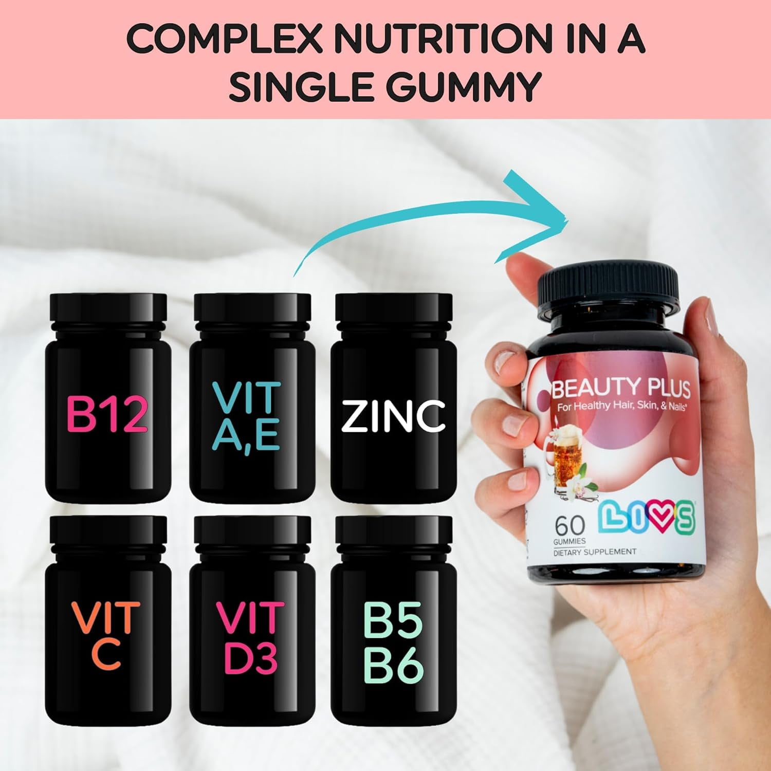 LIVS Beauty Plus Gummies Biotin - Collagen Multivitamin for healthy hair, skin, and nails 60 Gummies
