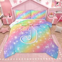 Homewish Bow Initial Letter J Full Size Comforter Sets,Kawaii Stars Loves Print Bedding Comforter Set,Rainbow Stripes Bedding Sets For Princess,Breathable Bedroom Decoration Reversible,3 Pieces