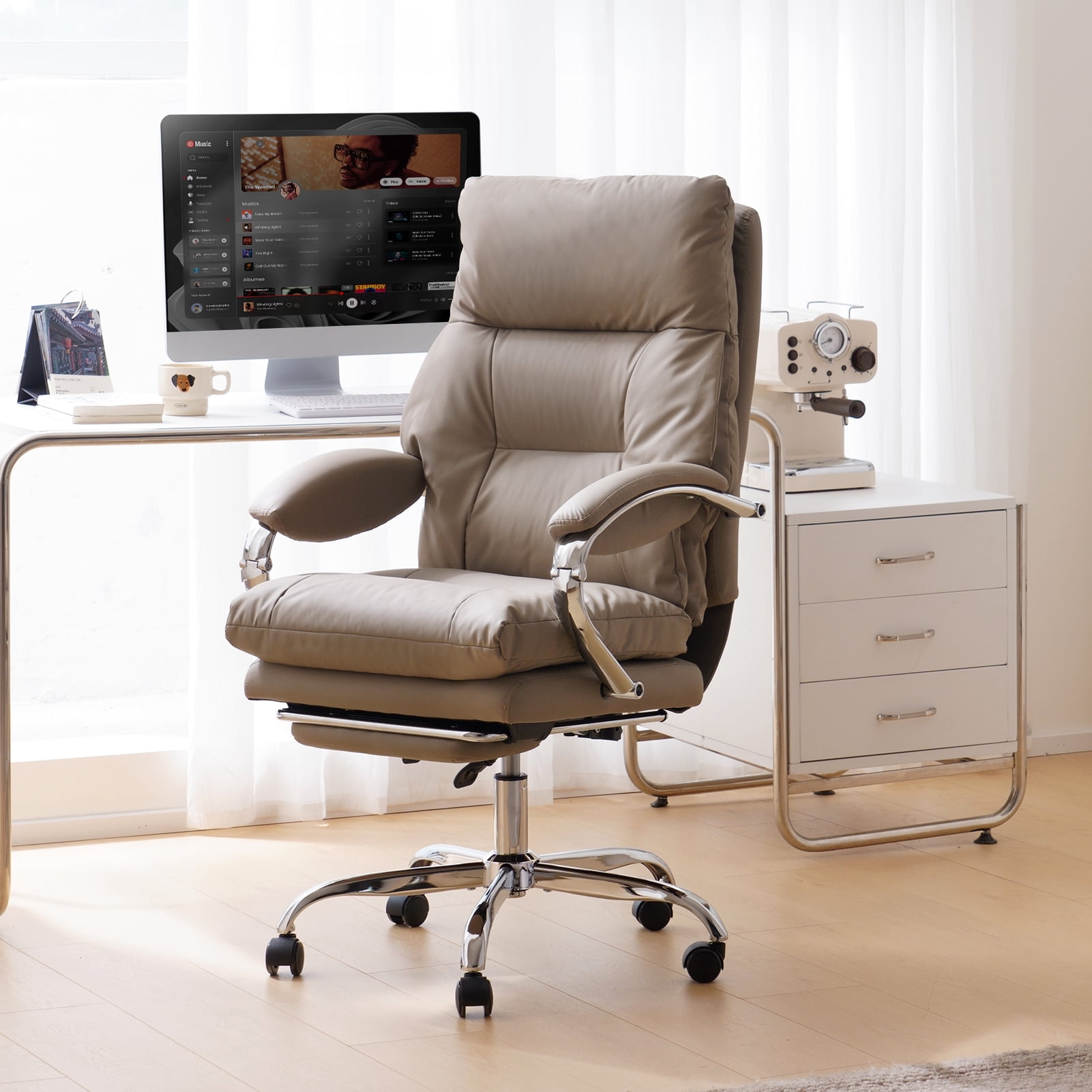 LEAGOO Office Chair with Foot Rest, Reclining Ergonomic Executive Office Chair with Armrests, High Back PU Leather Comfy Swivel Computer Chair with Wheels 300lbs, Tan