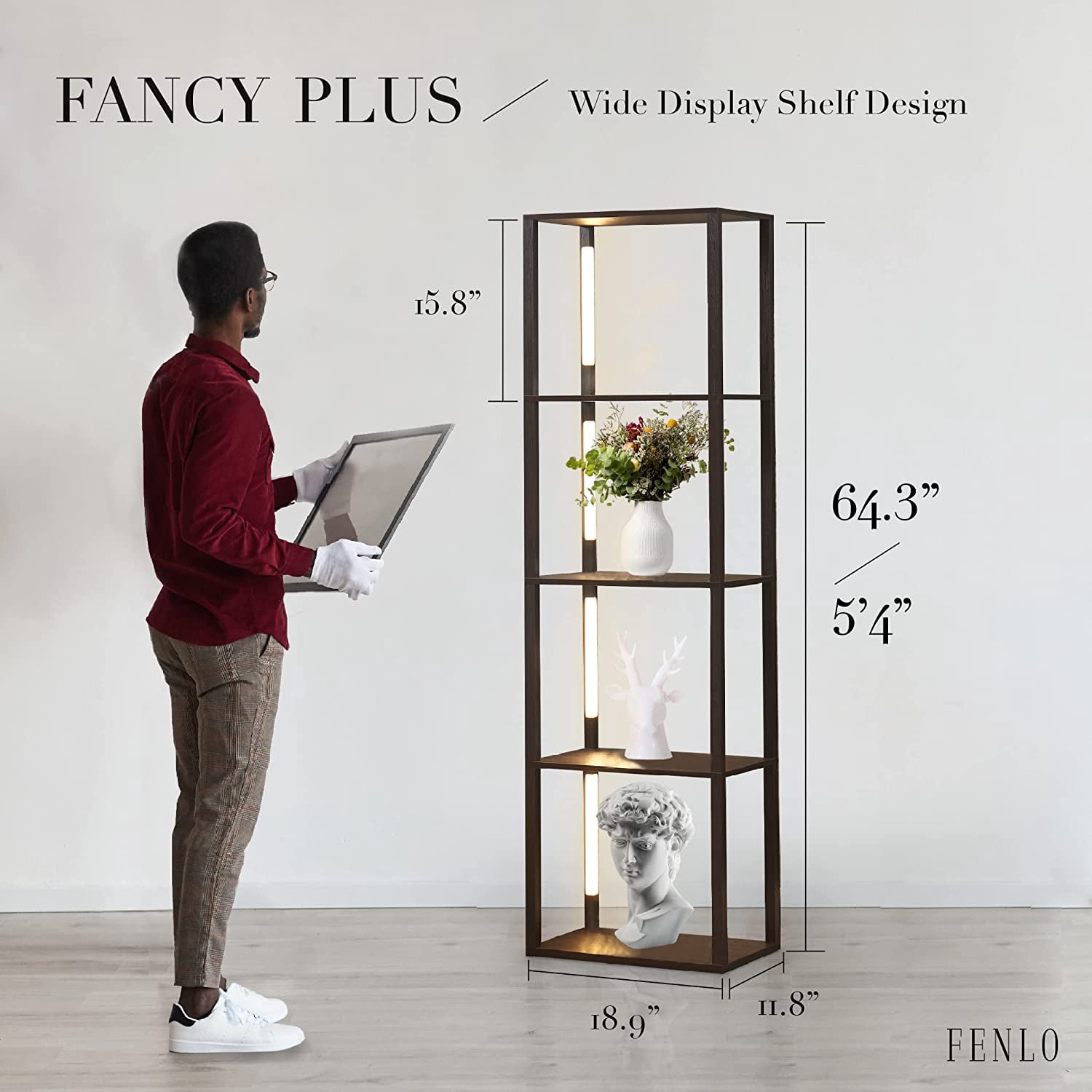 FENLO Fancy - LED Display Shelf with Dimmable Lights, LED Shelf Floor Lamps for Living Room, Sturdy Corner Shelf Curio Cabinet Display, Tall Floor Lamps with Shelves