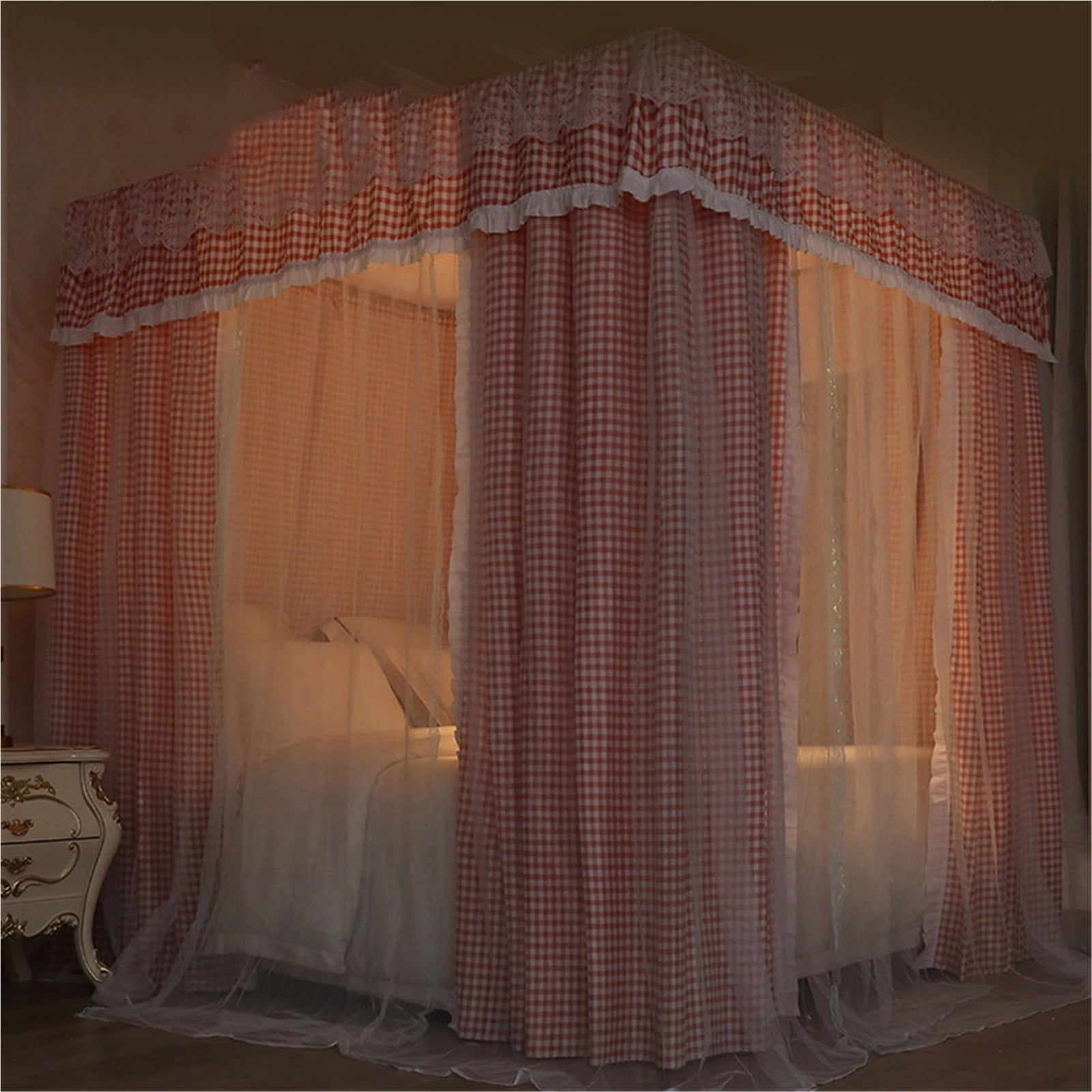 Four Poster Bed Canopy with Blackout Curtain & Double Layer Mosquito Net, Bedroom Decor, Dustproof Windproof Bed Screen with Stable Bracket