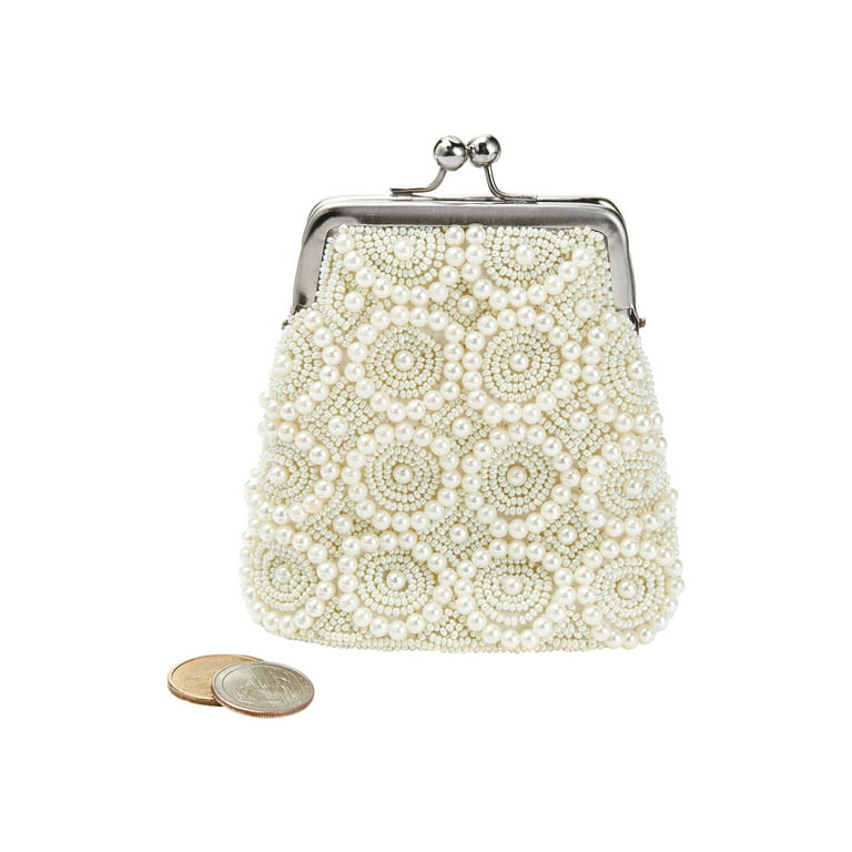 Women's Beaded Kiss Lock Clasp Bag - Decorative Coin Purse - White Pea