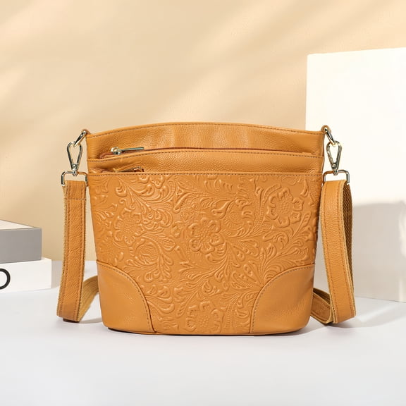 Women's Floral Embossed Genuine Leather Shoulder Bag Crossbody Purse for Daily Use