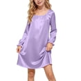 thumbnail image 3 of Auroural Girls Dress Satin Girl'S Solid Color Round Neck Long Sleeve Dress Homewear Sleeping Dress Kids, 3 of 9
