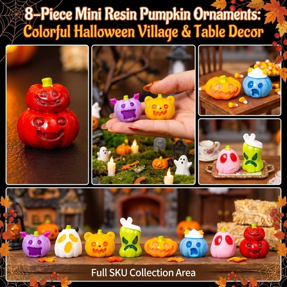 Halloween Mini Resin Pumpkin Decorations, 8 Pack Cute Miniature Halloween Pumpkin Figurines for Tabletop, Autumn Fall Crafts