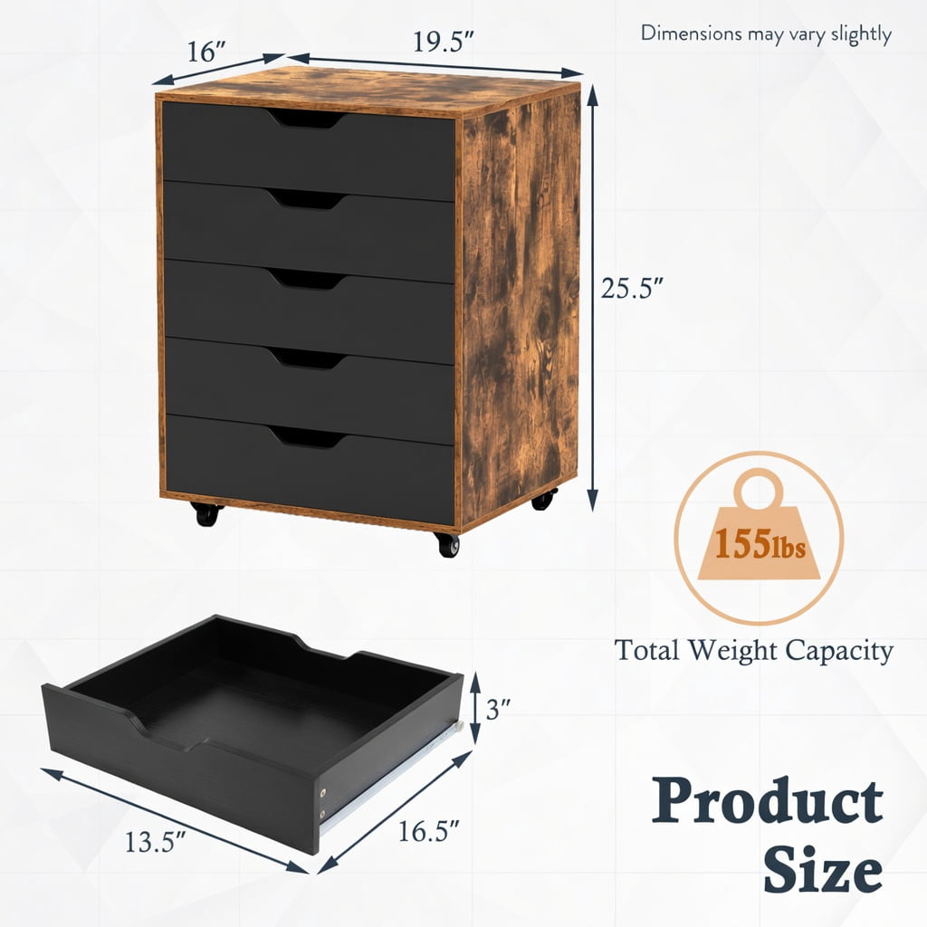 Demi Bonn 5 Drawer Mobile Lateral Filing Cabinet Storage Home Office Floor Cabinet with 4 Wheels, Brown