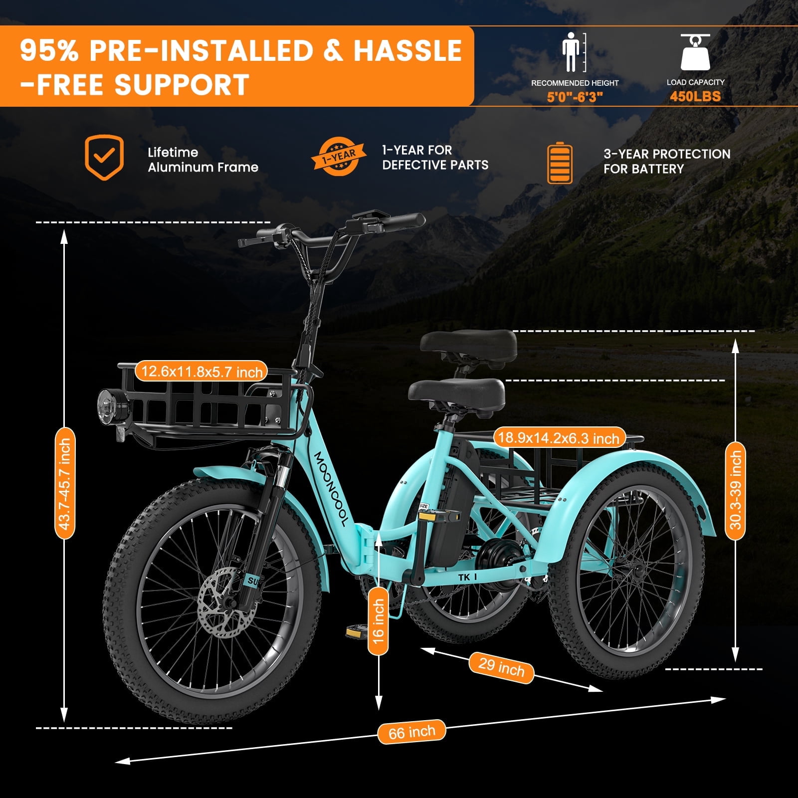 MOONCOOL TK1 Folding Electric Tricycle for Adults,48V 14.5Ah Removable battery, Peak 1000W Motor, 20" Fat Tire Step-Thru 3 Wheel Electric Bicycle W/ Mirrows Kit